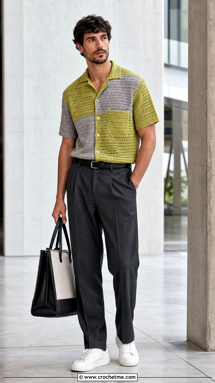 Color Block Crochet Shirt With Relaxed Suit Trousers - 35 crochet shirts for men outfit ideas