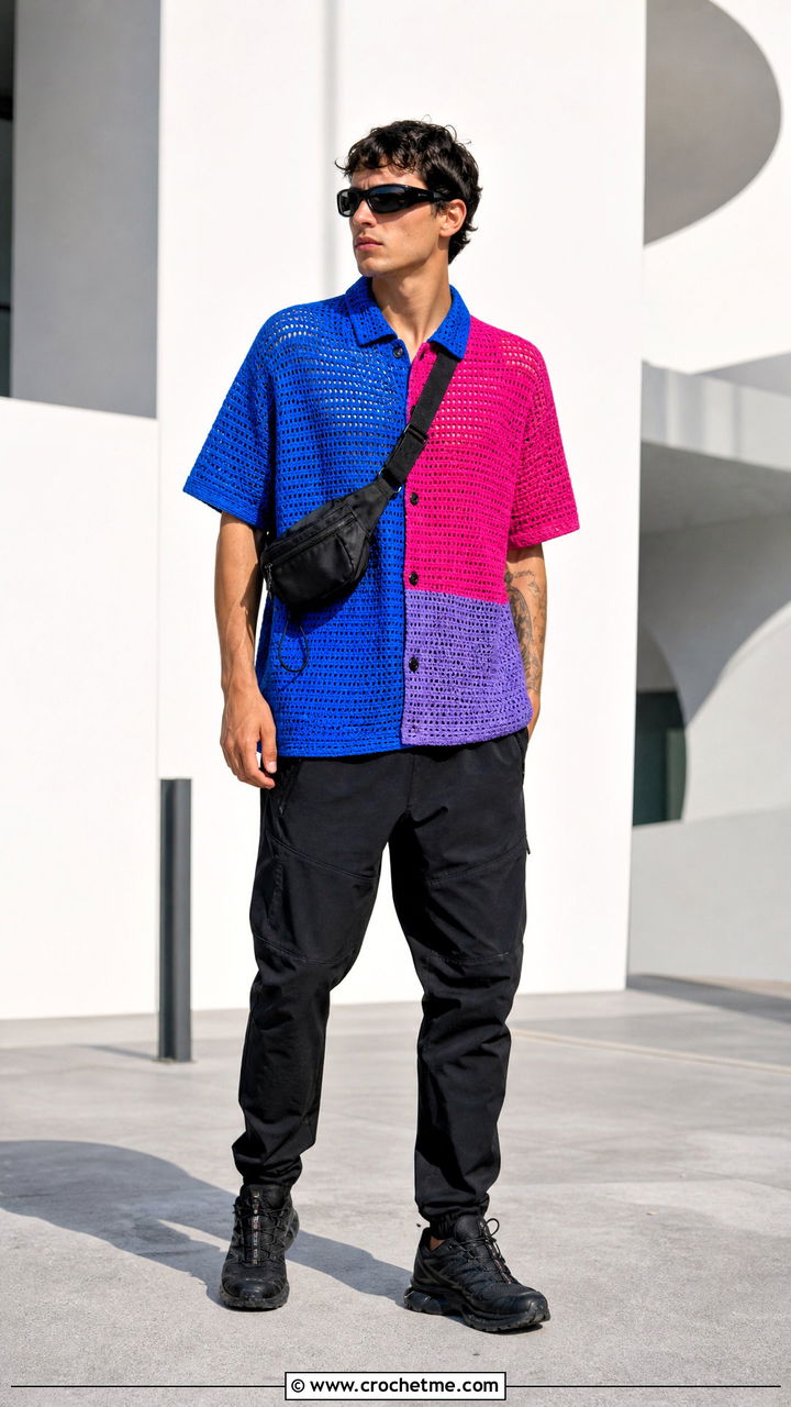 Color Block Crochet Shirt With Technical Pants - 35 crochet male shirt outfit ideas