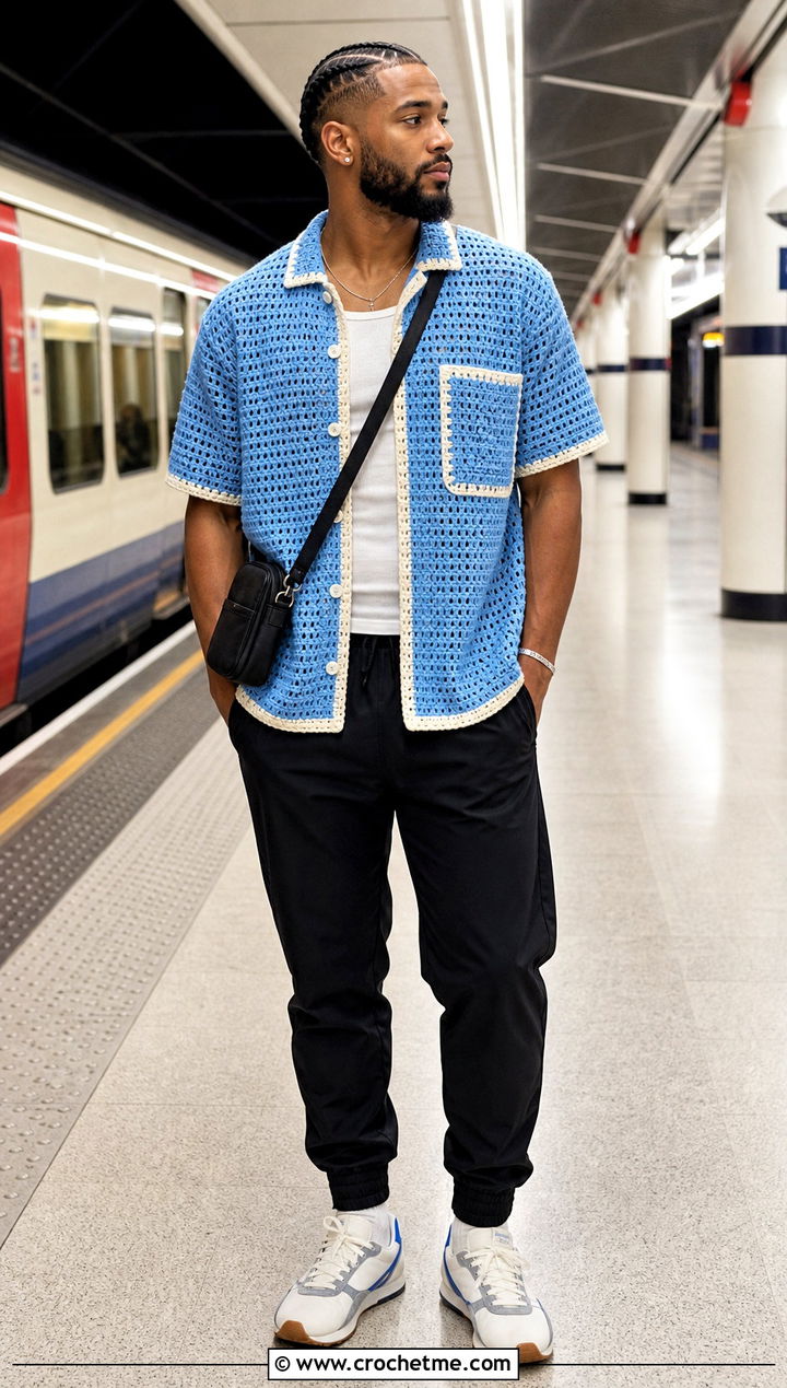 Color Block Crochet Shirt With Track Pants - 35 men's crochet shirt outfit ideas