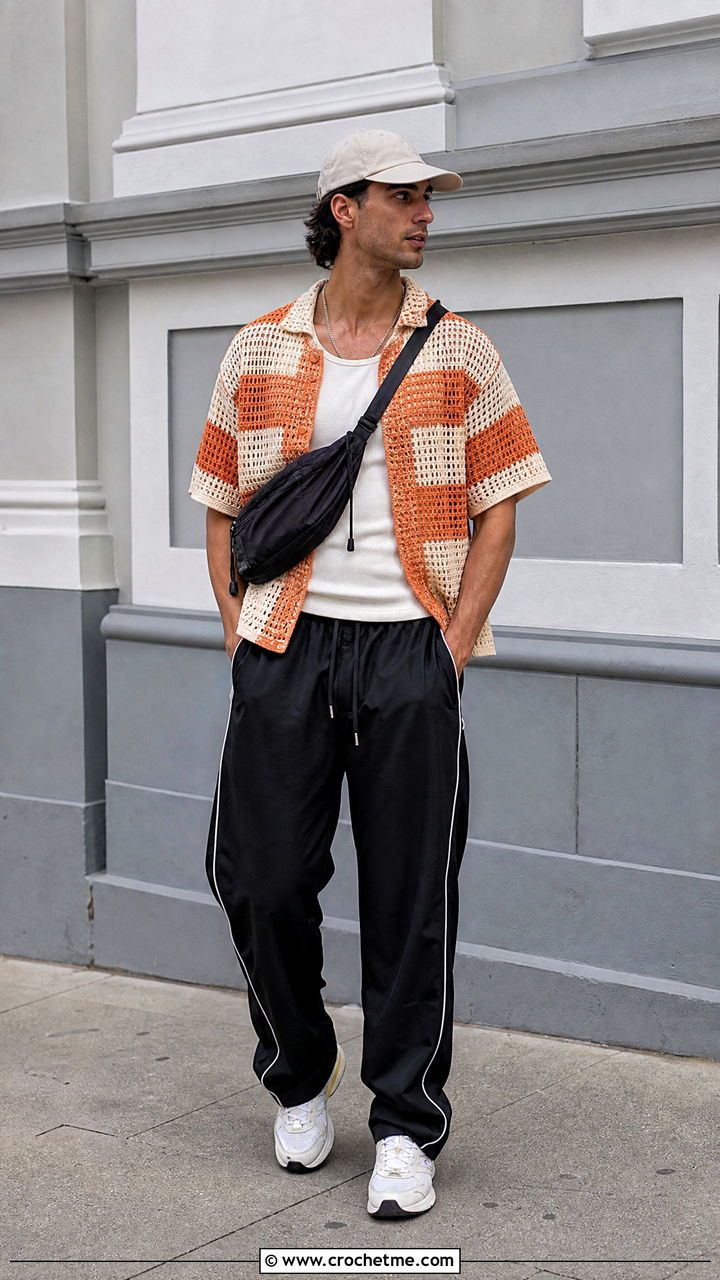 Color Block Crochet Shirt With Track Pants - 35 mens crochet shirt outfit ideas