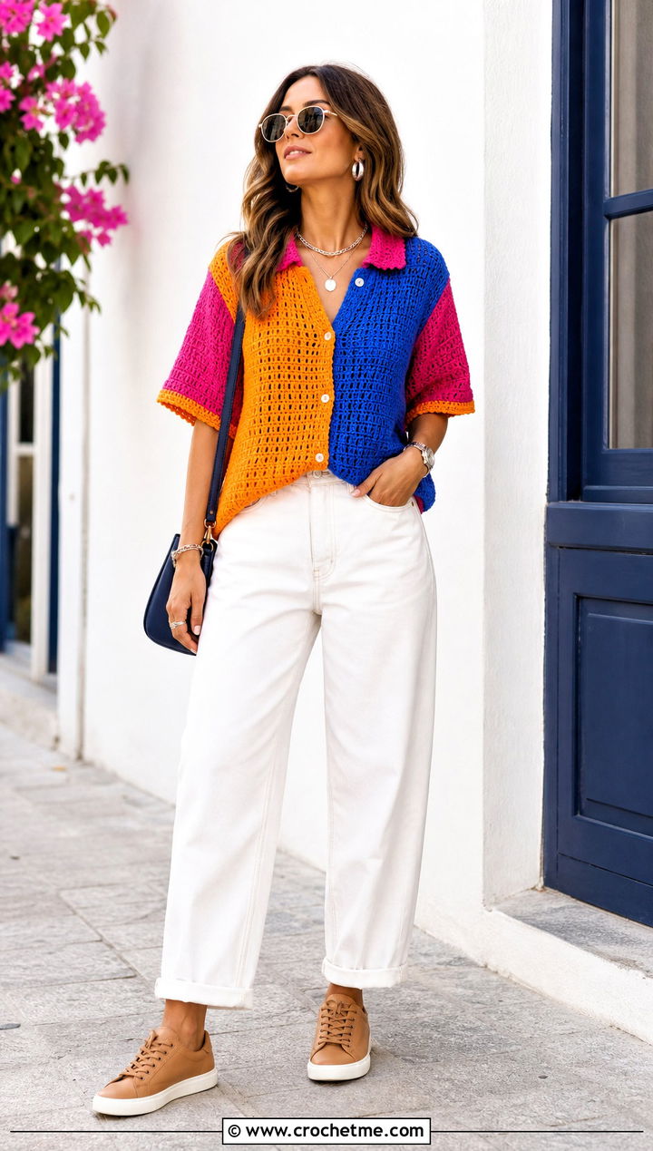 Color Block Crochet Shirt With White Jeans - 35 crochet shirt women outfit ideas