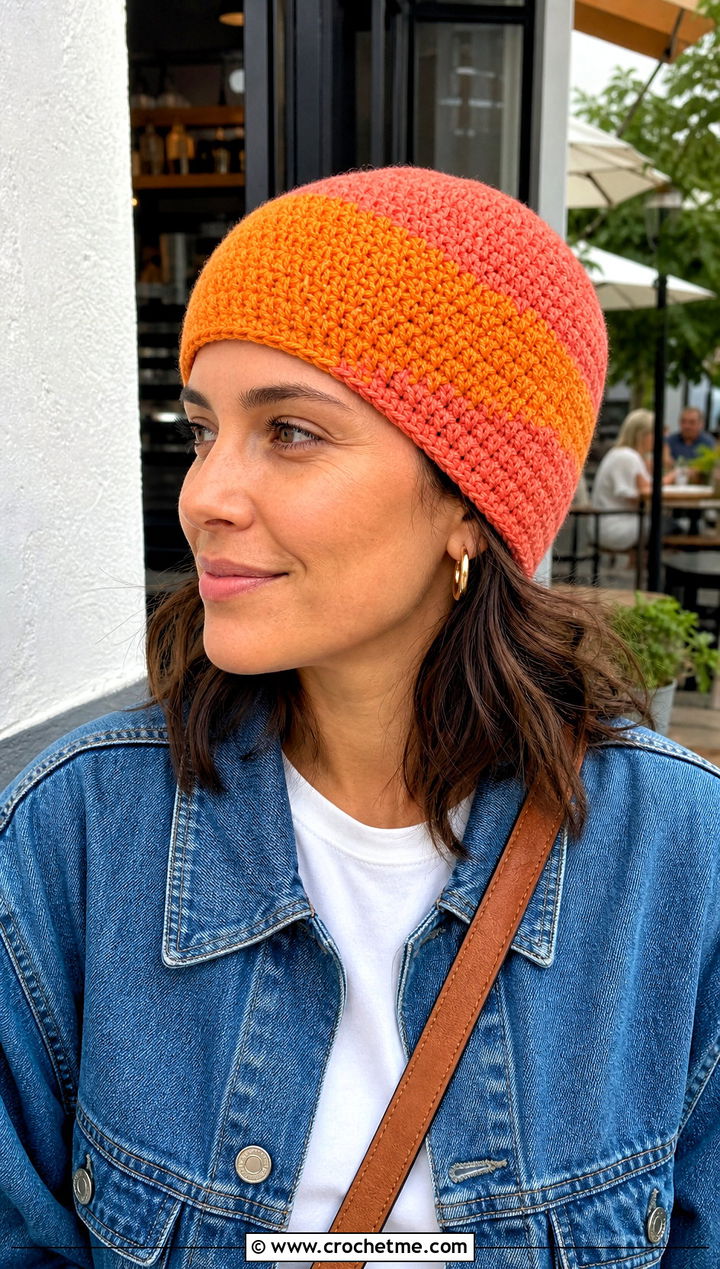 Color Block Crochet Short Row Beanie With Denim Outfit - 20 Crochet Short Row Beanie outfit ideas