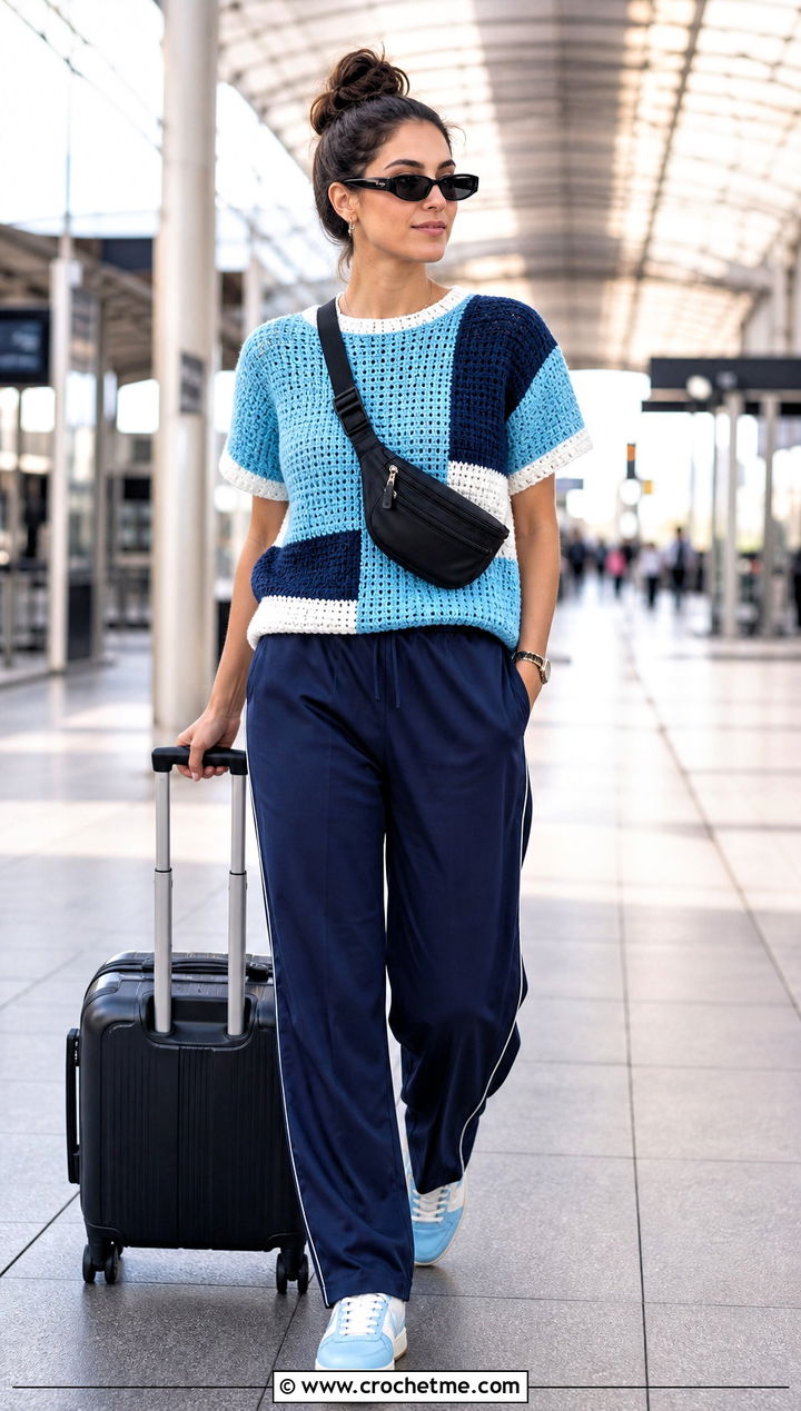Color Block Crochet Short Sleeve Sweater With Track Pants - 25 Crochet Short Sleeve Sweater outfit ideas
