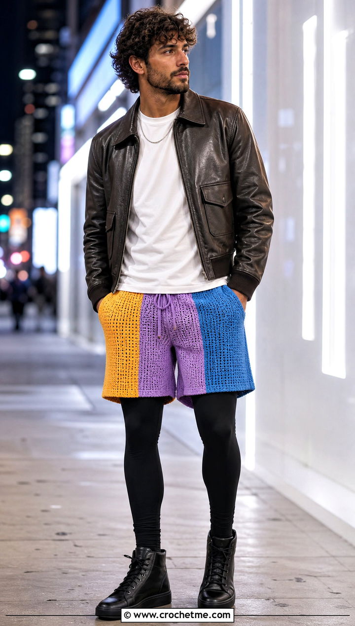Color Block Crochet Shorts With Leather Jacket - 15 mens crochet shorts outfit ideas