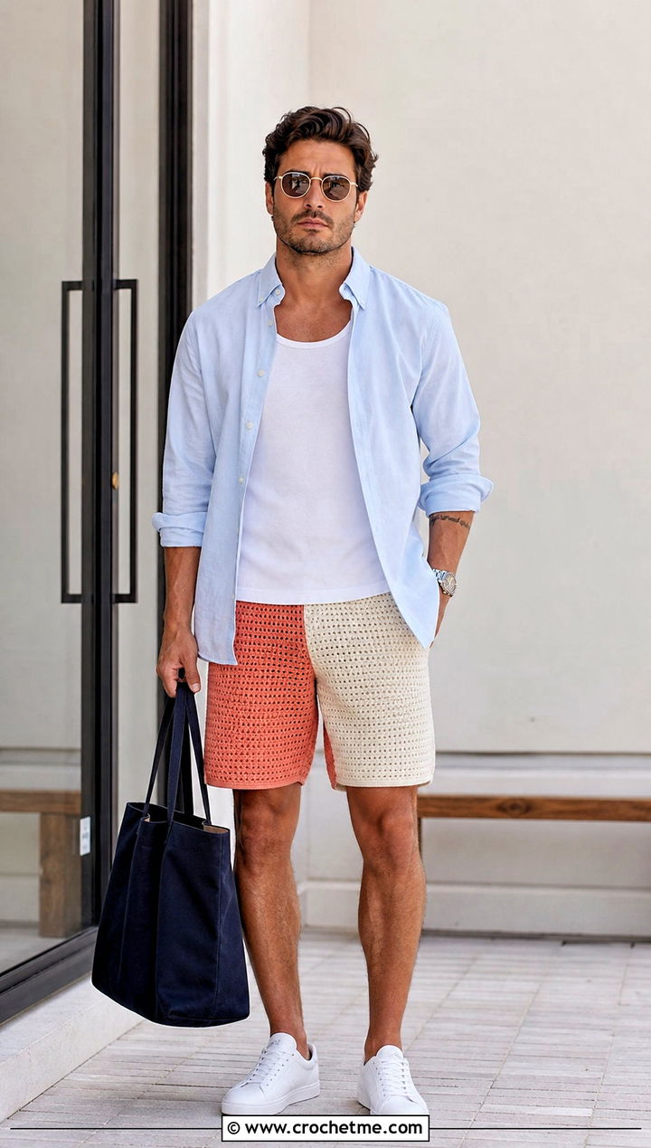 Color Block Crochet Shorts With Oxford Shirt - 15 crochet shorts men outfit ideas