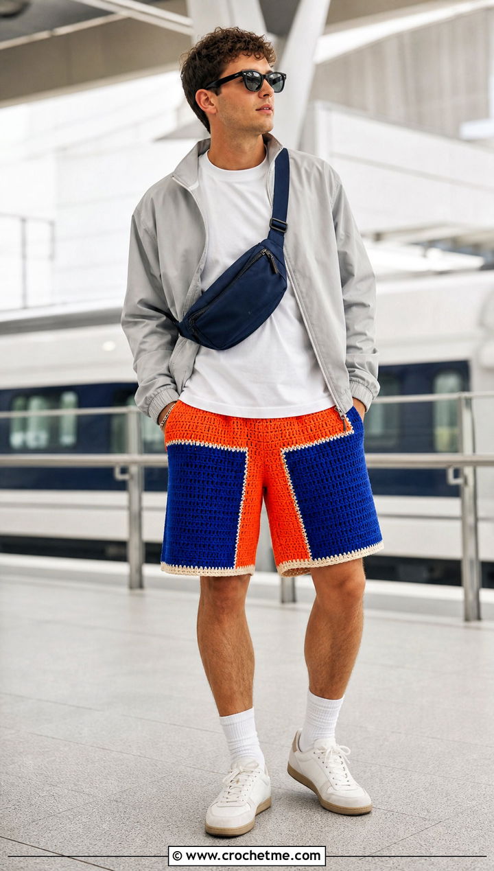 Color Block Crochet Shorts With Track Jacket - 25 Crochet Shorts Mens outfit ideas