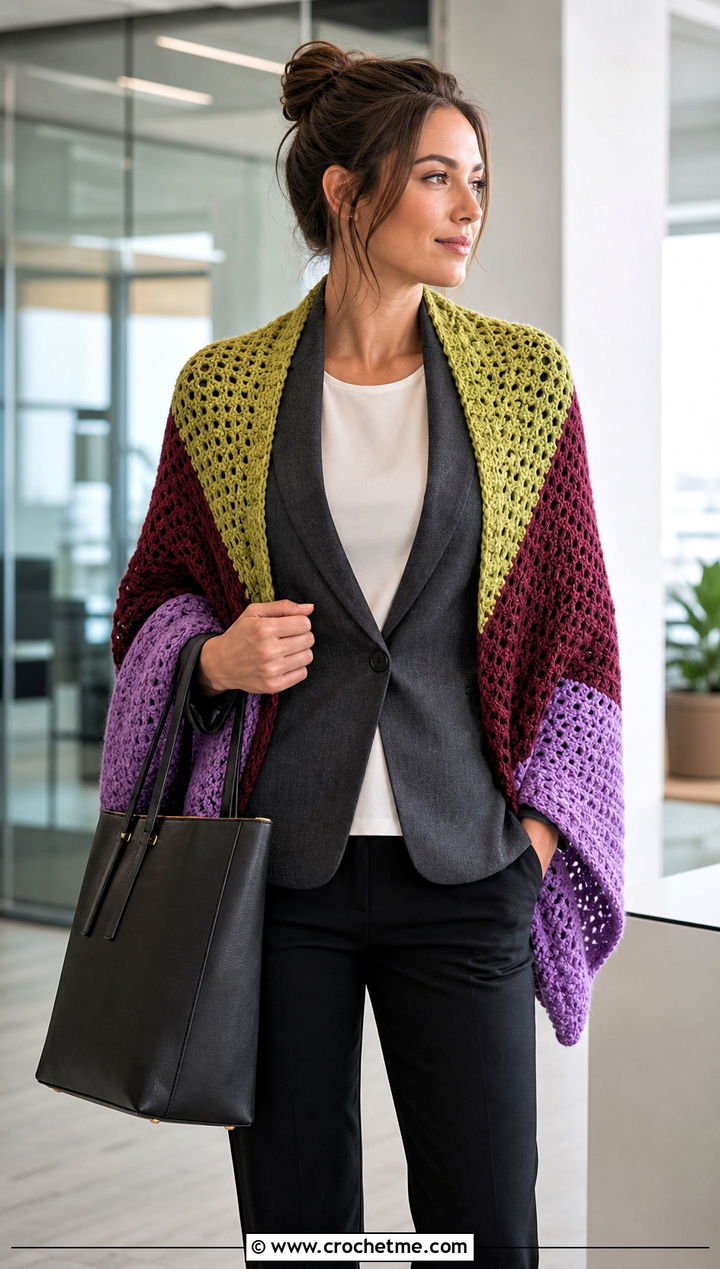Color Block Crochet Shoulder Shawl With Blazer - 25 Crochet Shoulder Shawl outfit ideas