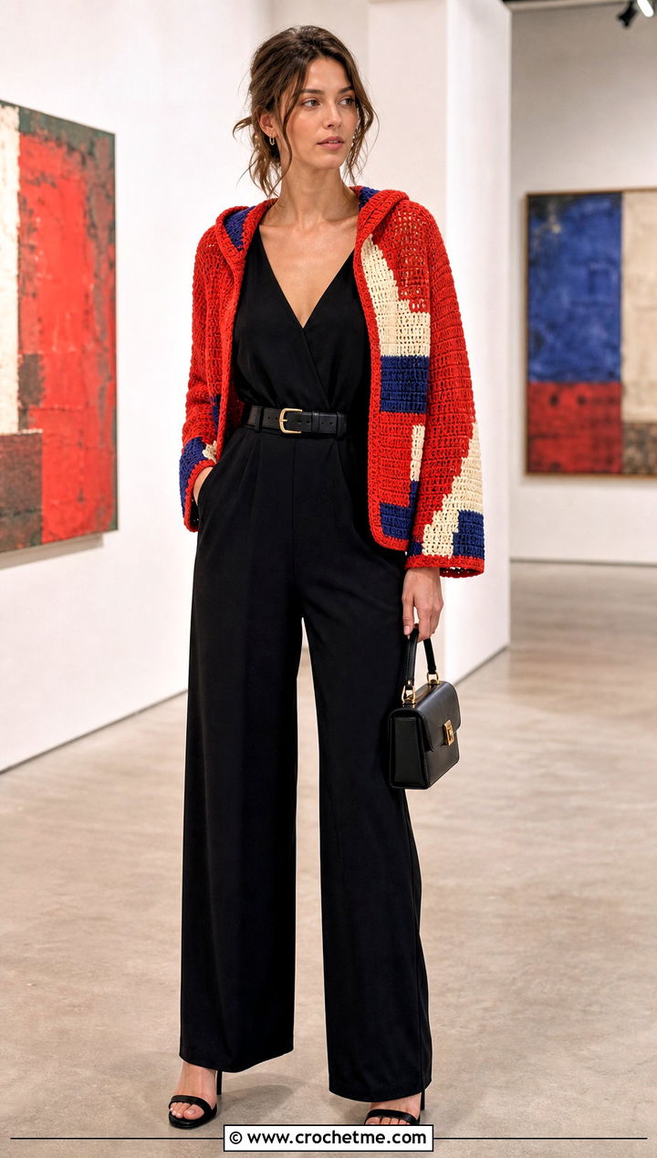 Color Block Crochet Shrug With Hood And Black Jumpsuit - 25 crochet shrug with hood outfit ideas