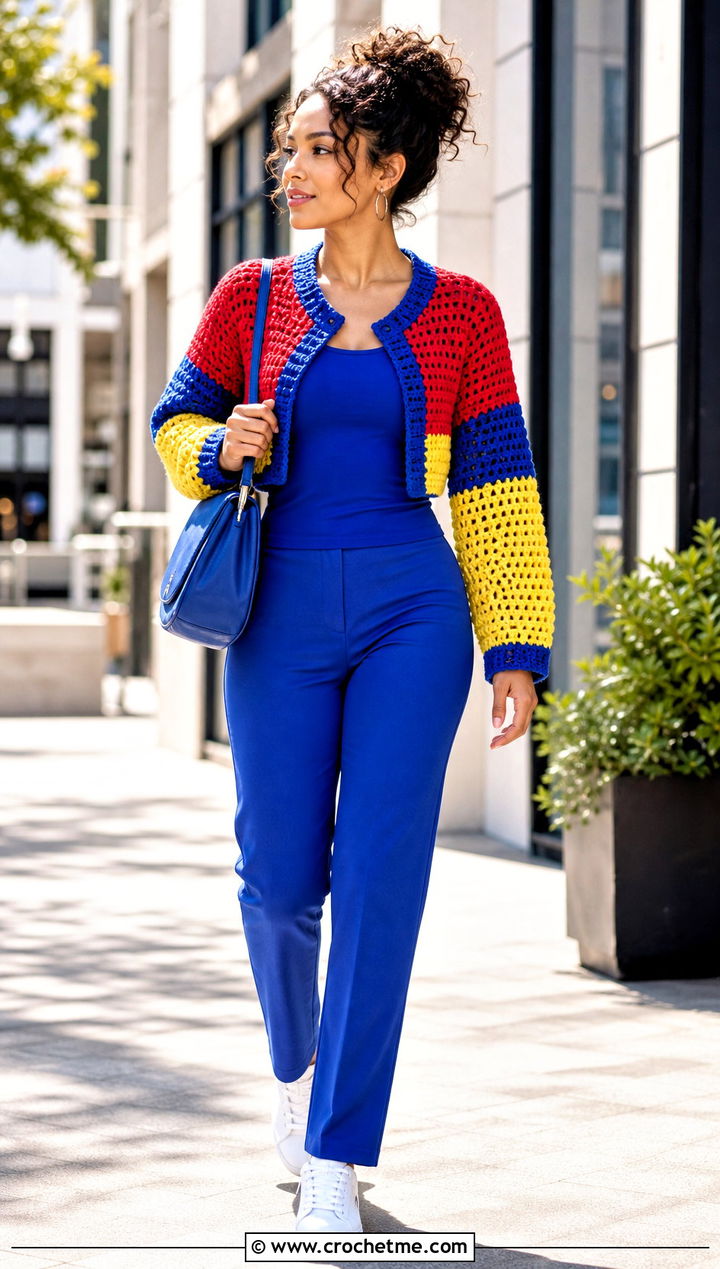 Color Block Crochet Shrug With Matching Set - 25 Crochet Mini Sweater outfit ideas