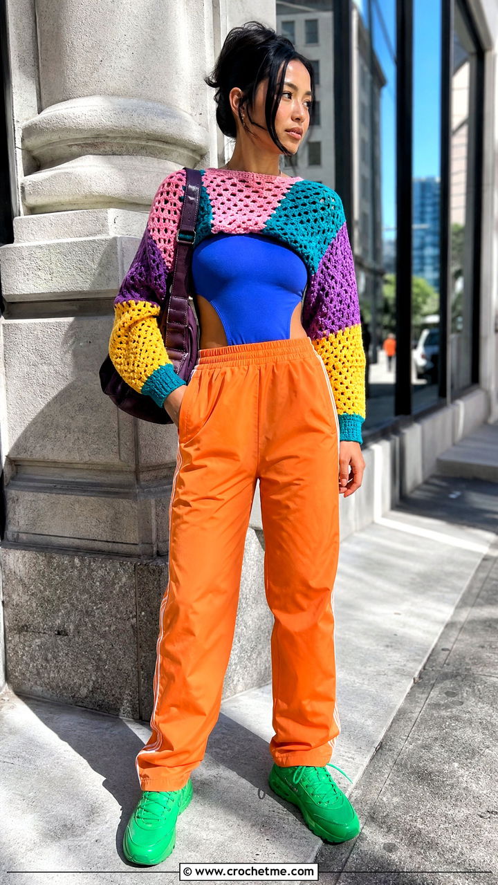 Color Block Crochet Shrug With Track Pants - 35 crochet shrug outfit ideas