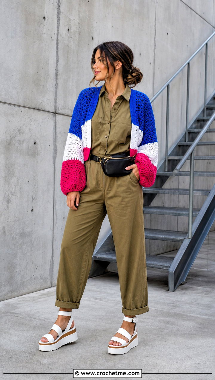 Color Block Crochet Shrug With Utility Jumpsuit - 30 crochet sweater sleeves outfit ideas