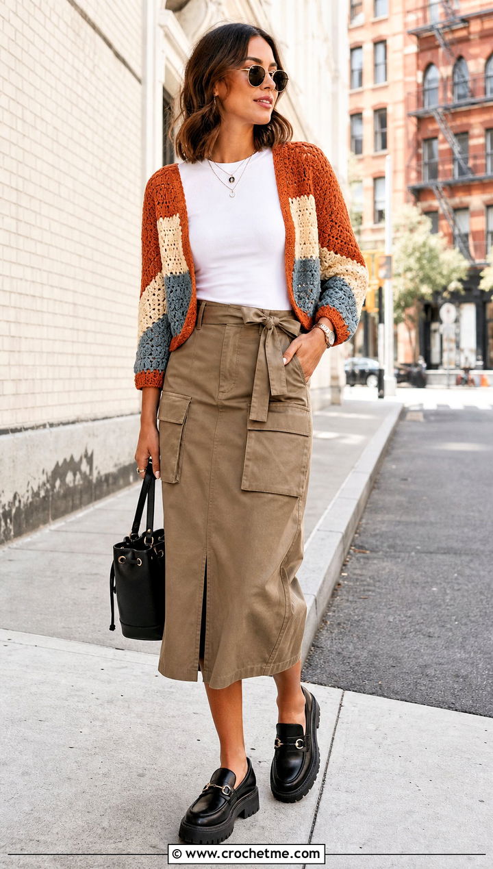 Color Block Crochet Shrug With Utility Skirt - 25 Mini Crochet Sweater outfit ideas