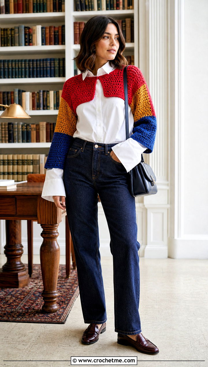 Color Block Crochet Shrug With White Shirt And Jeans - 20 Super Cropped Crochet Sweater outfit ideas