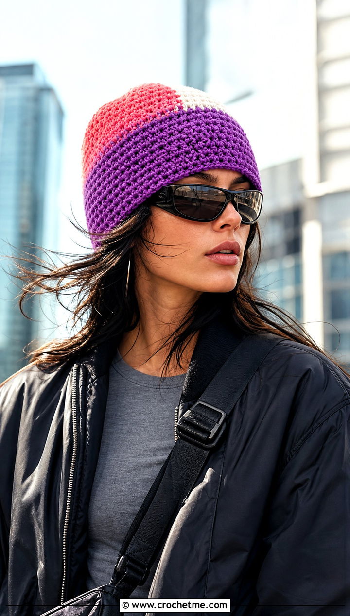 Color Block Crochet Ski Hat With Bomber Jacket And Track Pants - 30 crochet ski hat outfit ideas