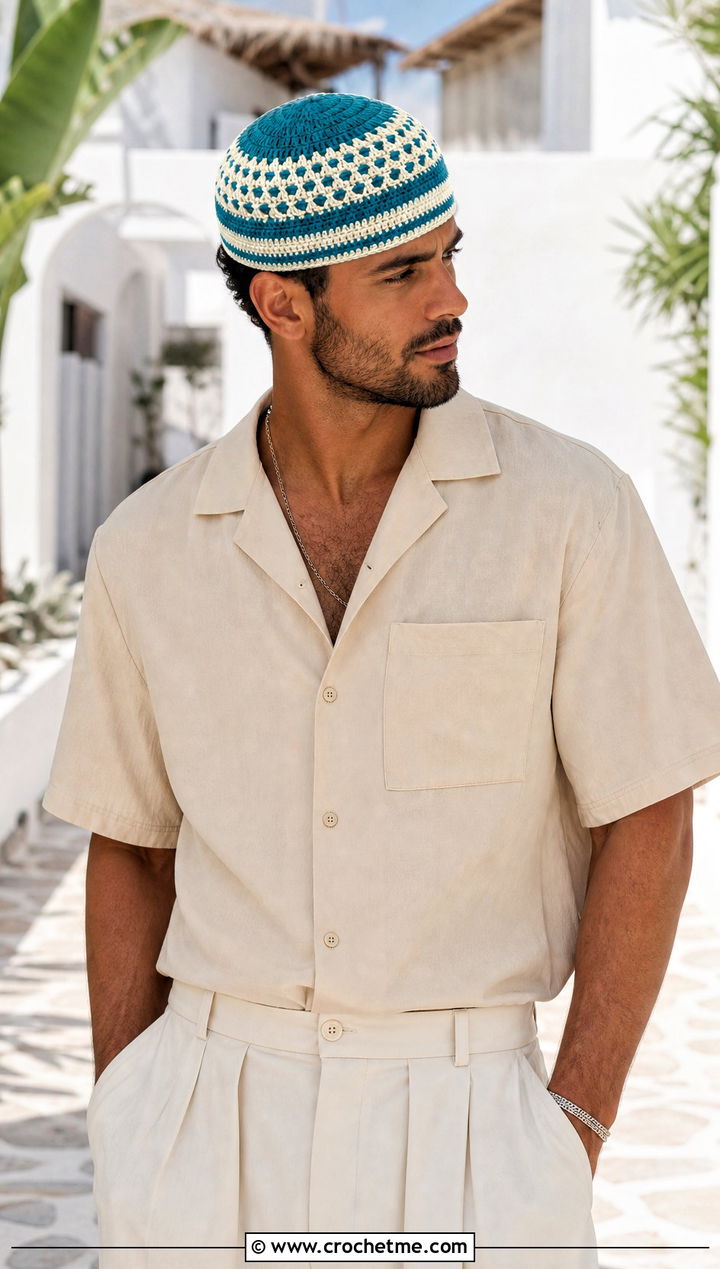 Color Block Crochet Skull Cap With Camp Collar Shirt And Trousers - 25 Mens Crochet Skull Cap outfit ideas