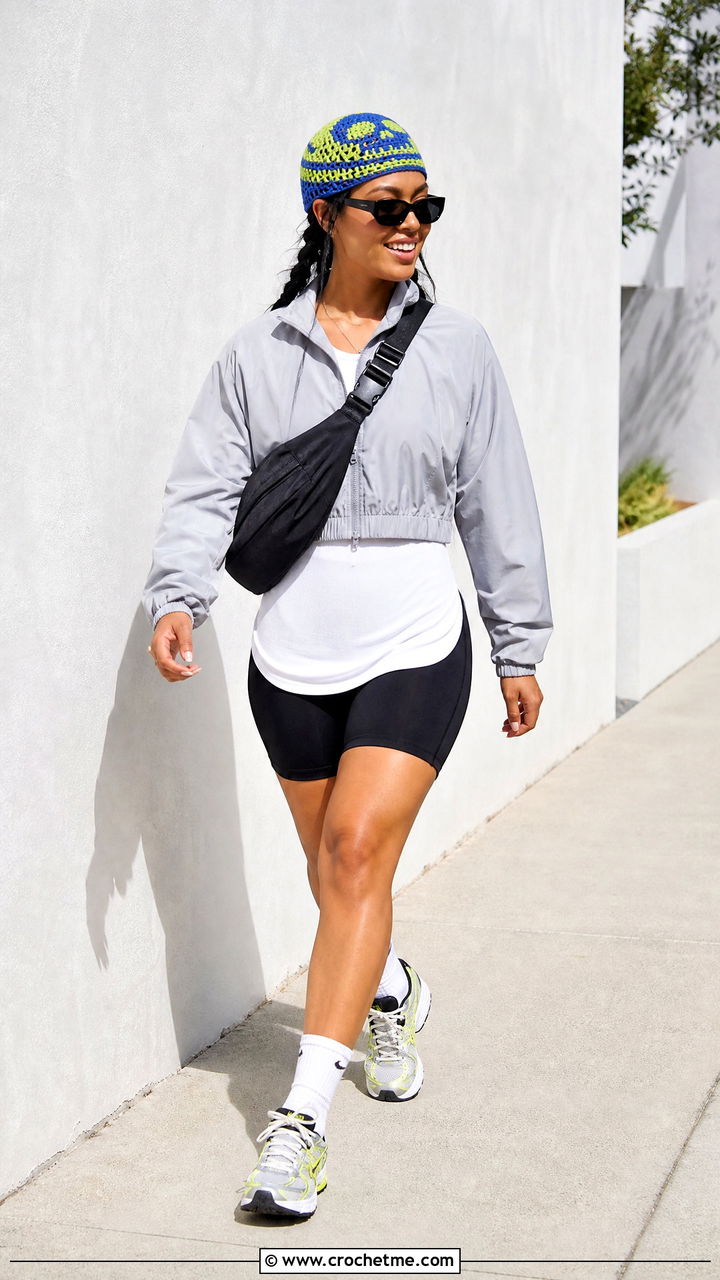 Color Block Crochet Skull Cap With Windbreaker And Bike Shorts - 35 crochet skull cap outfit ideas