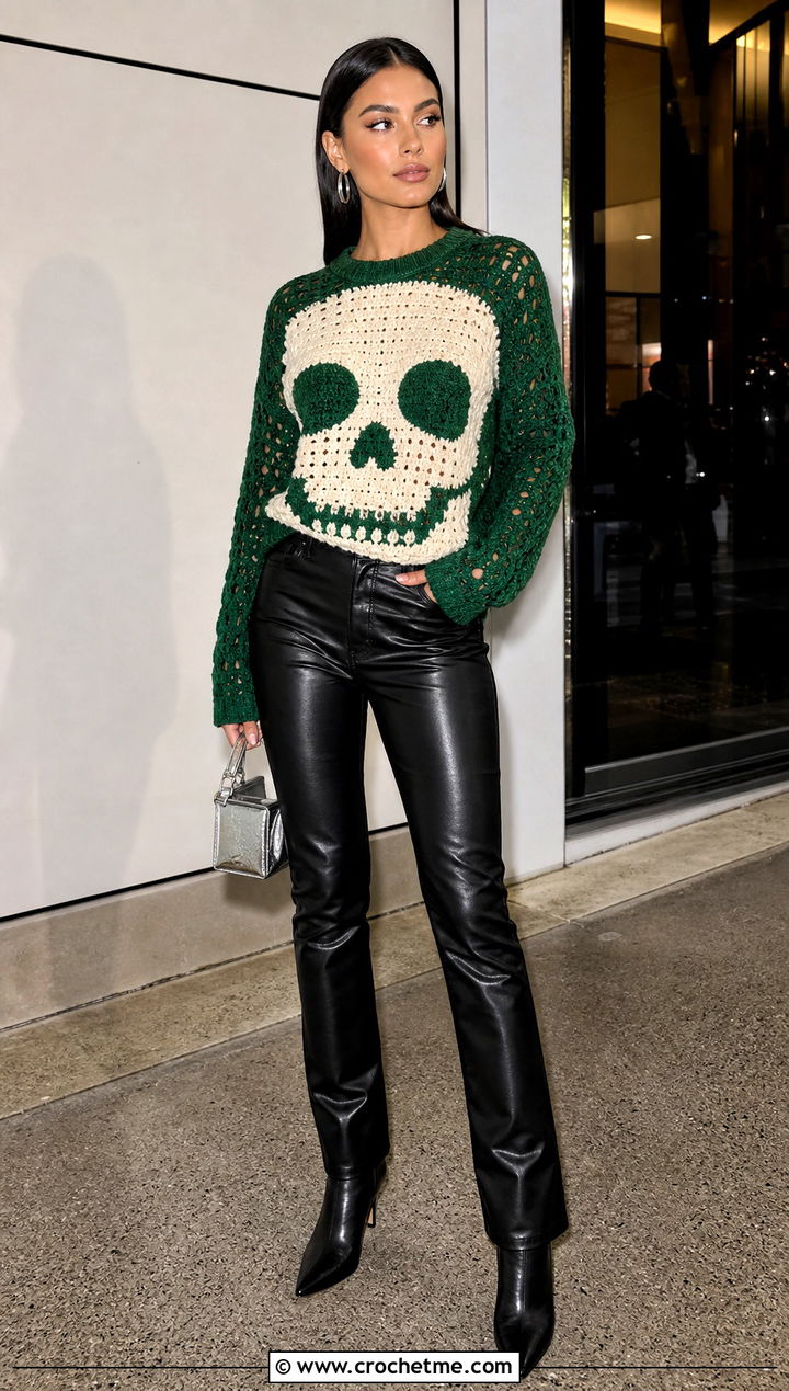 Color Block Crochet Skull Sweater With Leather Pants - 35 crochet skull sweater outfit ideas