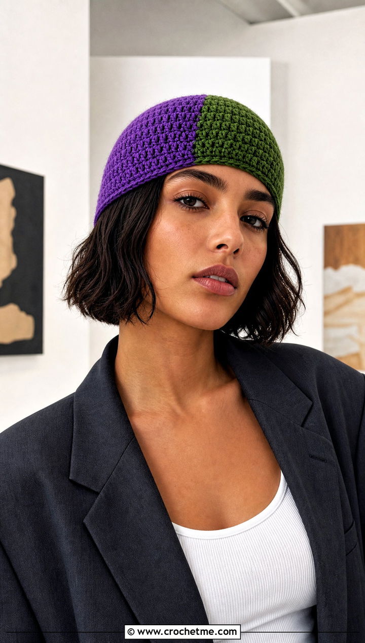 Color Block Crochet Skullcap With Oversized Blazer - 30 Two Colors Crochet Hat outfit ideas