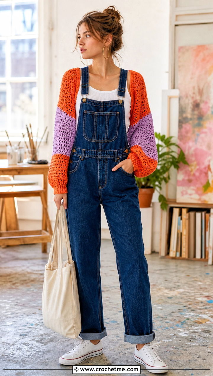 Color Block Crochet Sleeve Shrug With Overalls - 30 Crochet Long Sleeve Half Top outfit ideas