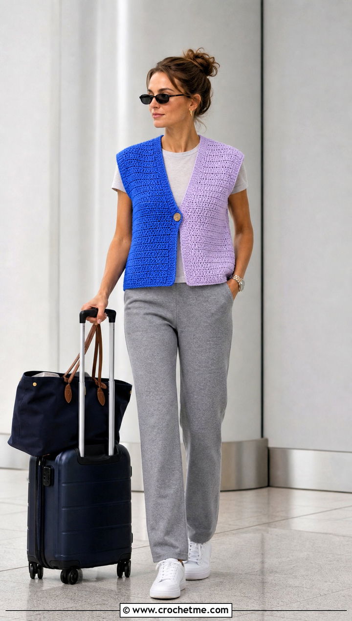 Color Block Crochet Sleeveless Vest With Gray Sweatpants - 35 crochet sleeveless vest outfit ideas