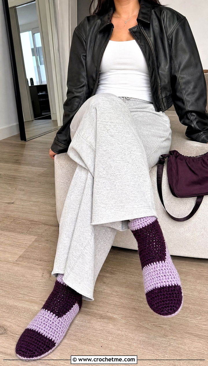 Color Block Crochet Slipper Socks With Leather Bomber - 25 Crochet Slipper Socks outfit ideas