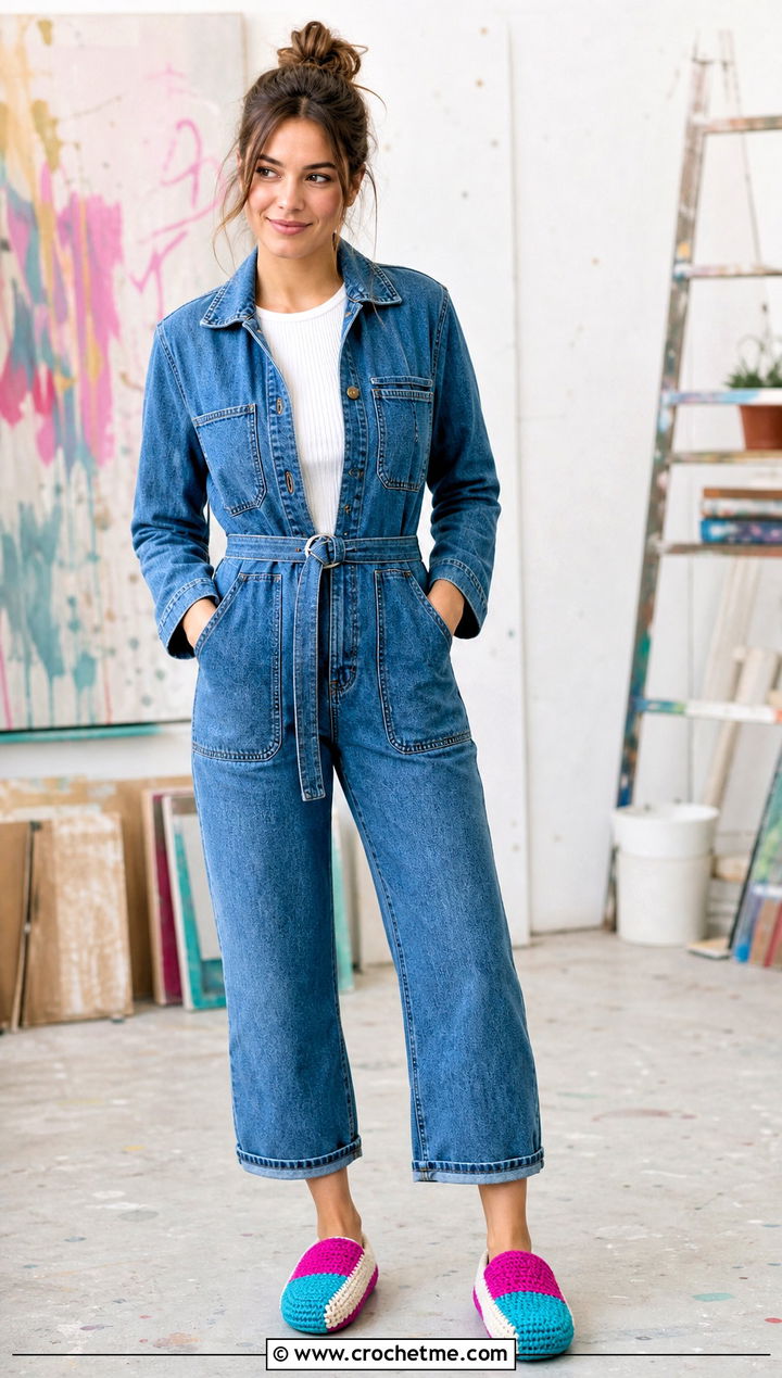 Color Block Crochet Slippers From Rectangle With Denim Jumpsuit - 15 Crochet Slipper From Rectangle outfit ideas