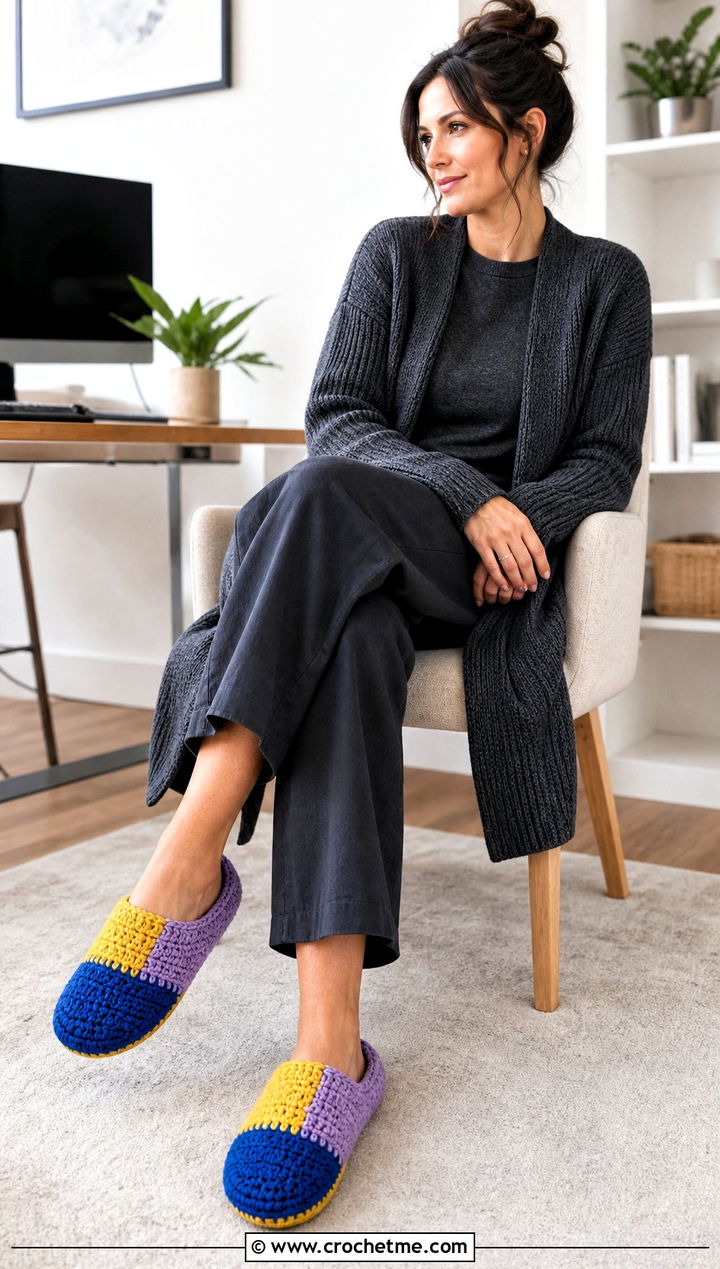 Color Block Crochet Slippers With A Monochrome Knit Outfit - 25 crochet winter slippers outfit ideas