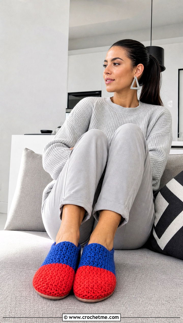 Color Block Crochet Slippers With Monochrome Lounge Set - 25 Easy Crochet Slippers For Beginners outfit ideas