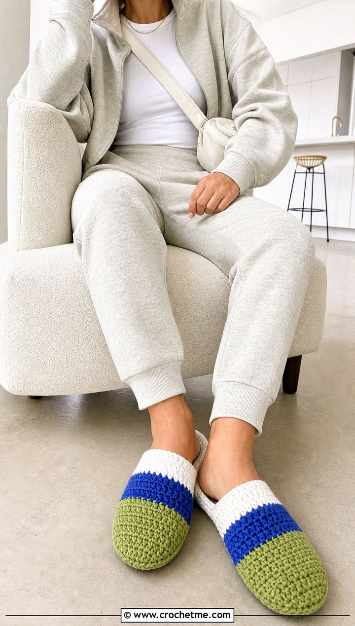 Color Block Crochet Slippers With Monochrome Sweats - 25 Quick And Easy Crochet Slippers outfit ideas