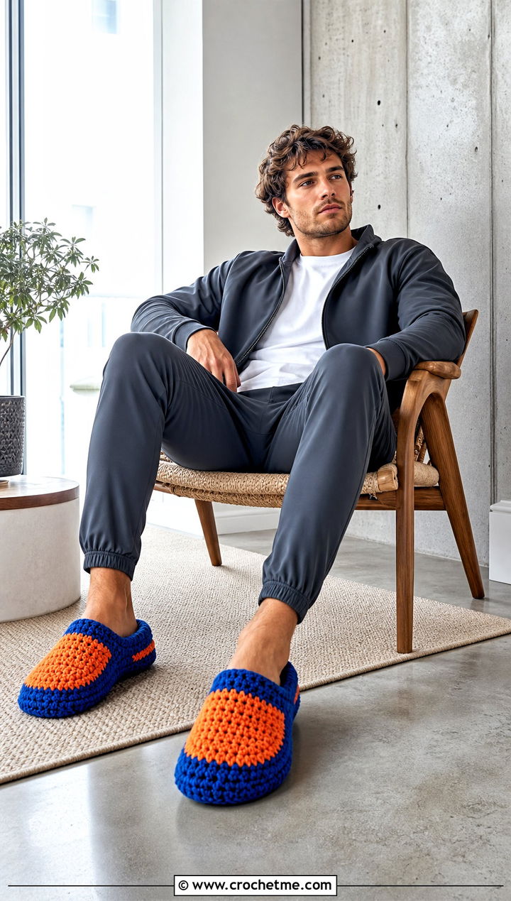 Color Block Crochet Slippers With a Tracksuit - 25 crochet slippers for men outfit ideas