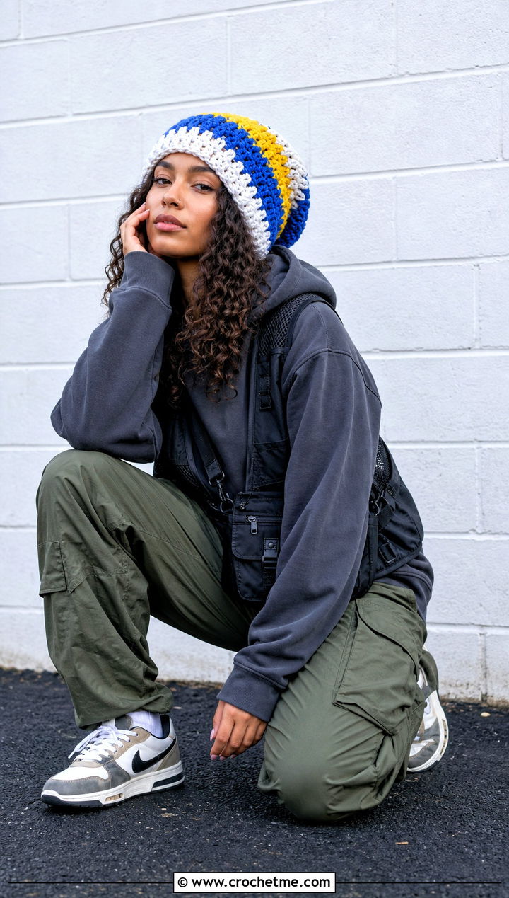 Color Block Crochet Slouch Beanie With Hoodie And Cargo Pants - 35 crochet slouch beanie outfit ideas