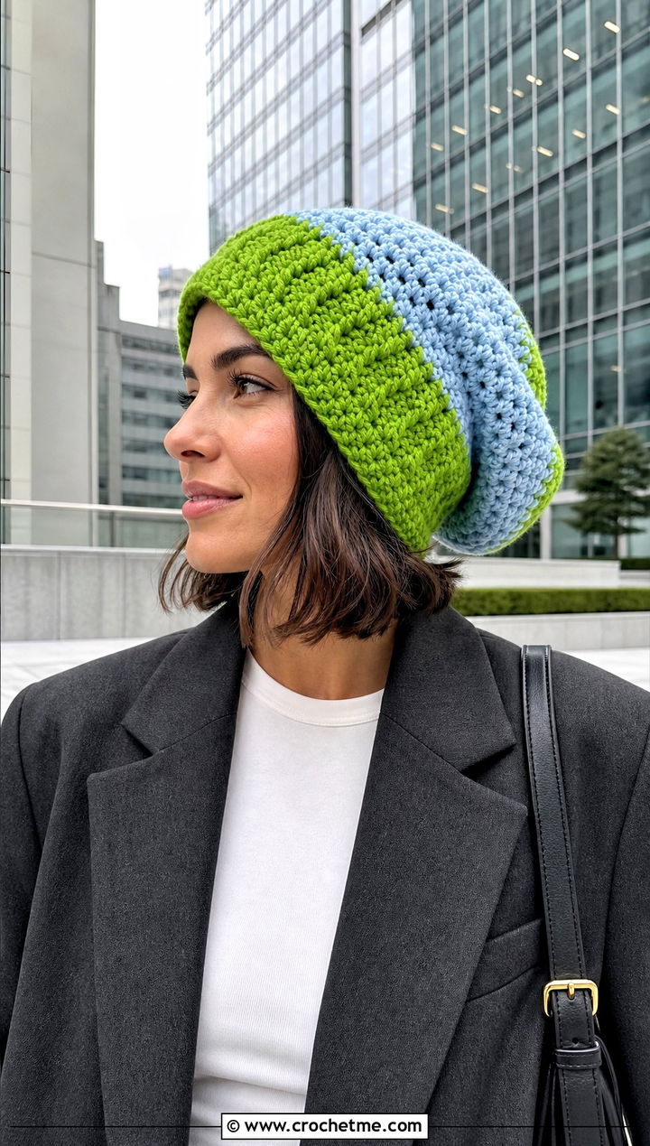 Color Block Crochet Slouch Hat With Blazer And Straight Jeans - 25 easy crochet slouch hat outfit ideas