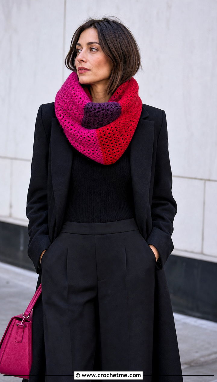 Color Block Crochet Snood Cowl With Monochrome Outfit - 20 crochet snood cowl outfit ideas