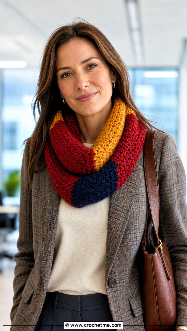 Color Block Crochet Snood Scarf With Plaid Blazer - 25 snood crochet scarf outfit ideas