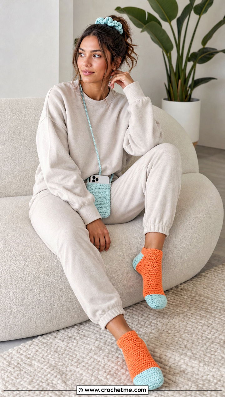 Color Block Crochet Sock Slippers With Sweatshirt And Joggers - 25 crochet sock slippers outfit ideas