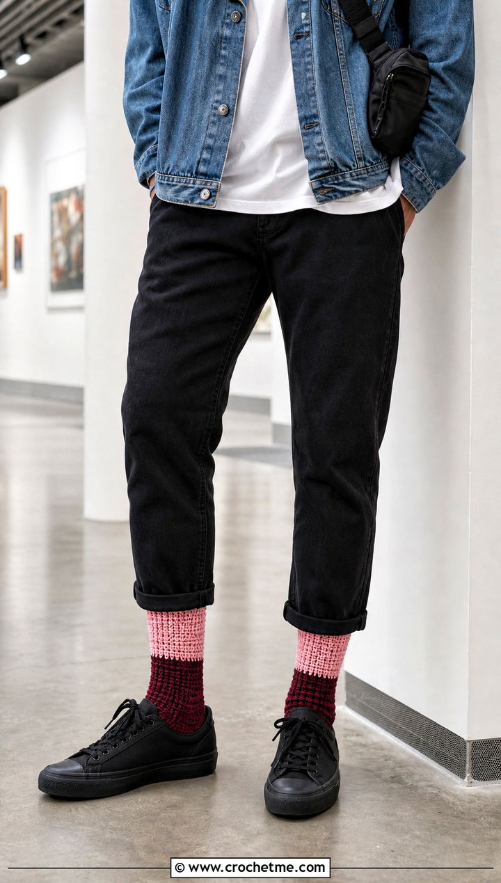 Color Block Crochet Socks With Denim Jacket And Black Jeans - 25 men's crochet socks outfit ideas