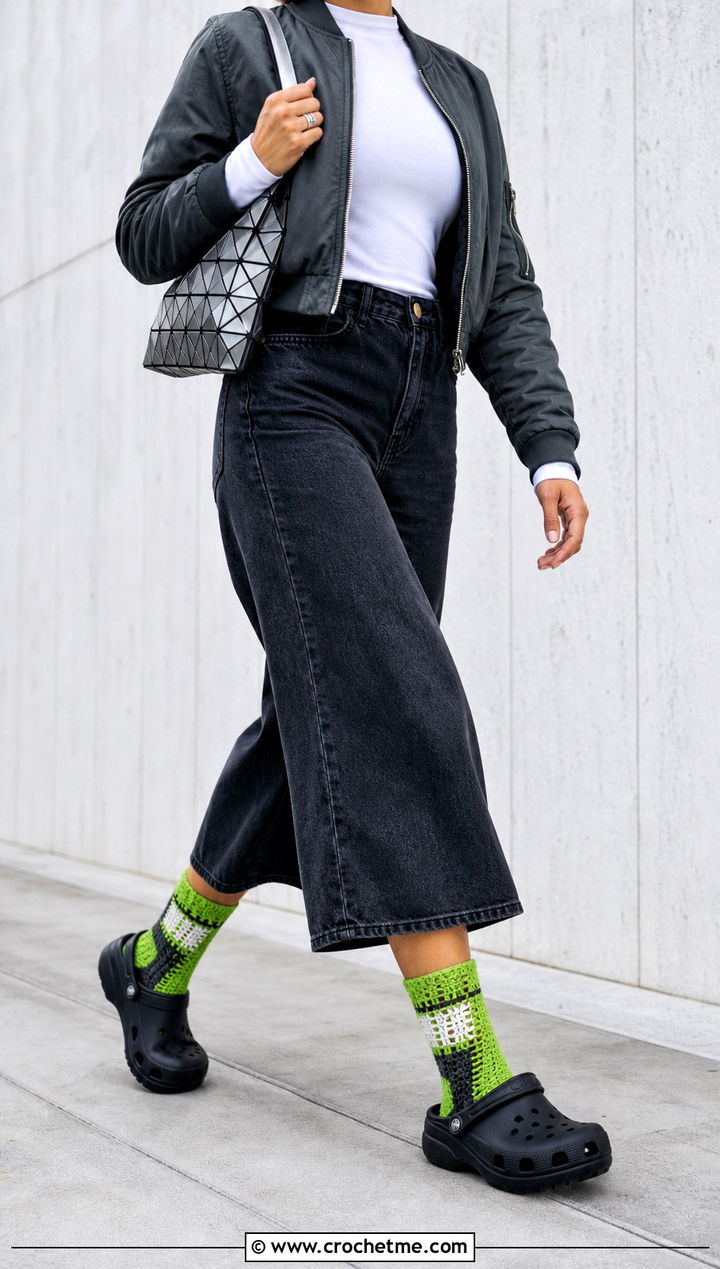 Color Block Crochet Socks With Wide Leg Jeans - 20 croc crochet socks outfit ideas