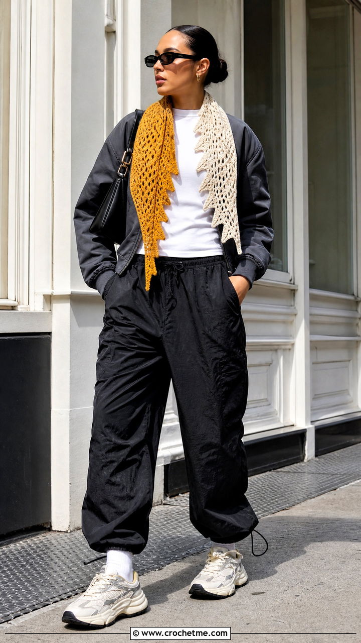 Color Block Crochet Sophie Scarf With Bomber Jacket And Parachute Pants - 35 crochet sophie scarf outfit ideas