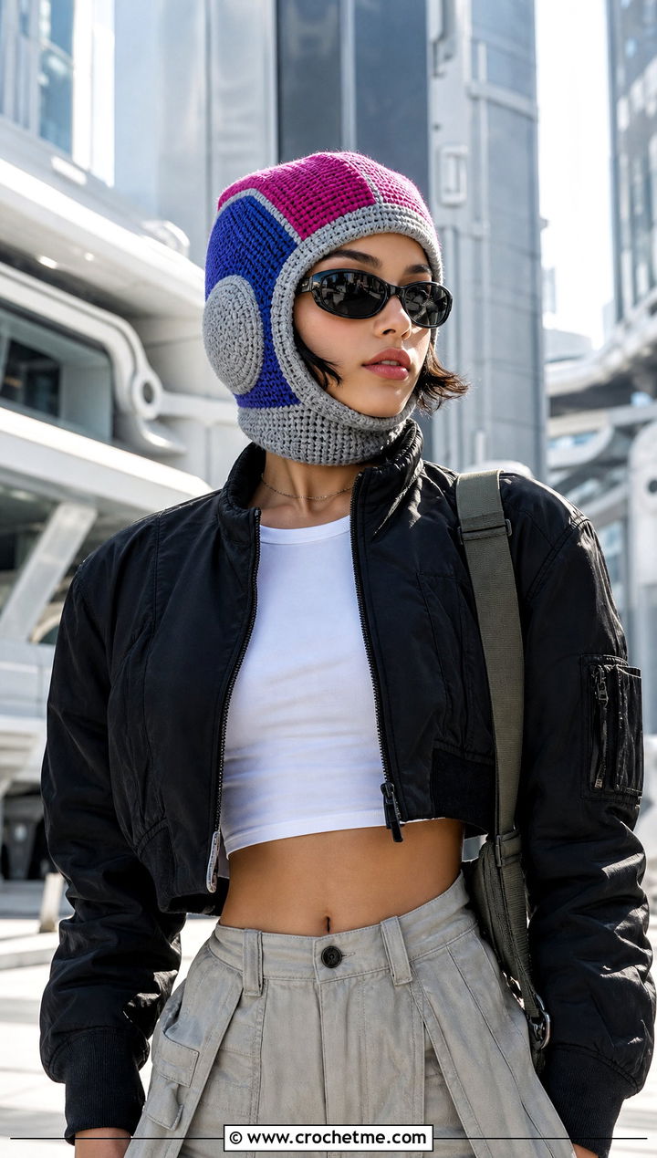 Color Block Crochet Space Cadet Hat With Bomber Jacket And Parachute Pants - 15 Crochet Astronaut Hat outfit ideas