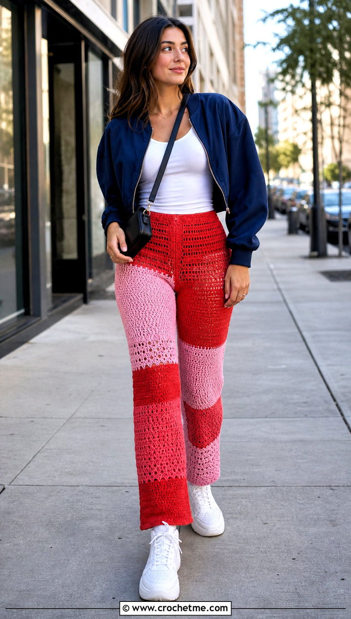 Color Block Crochet Stacked Pants With Bomber Jacket - 25 Crochet Stacked Pants outfit ideas