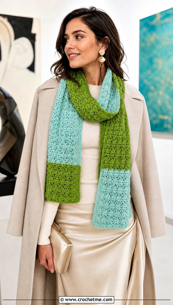 Color Block Crochet Star Stitch Scarf With Satin Skirt - 25 Crochet Star Stitch Scarf outfit ideas