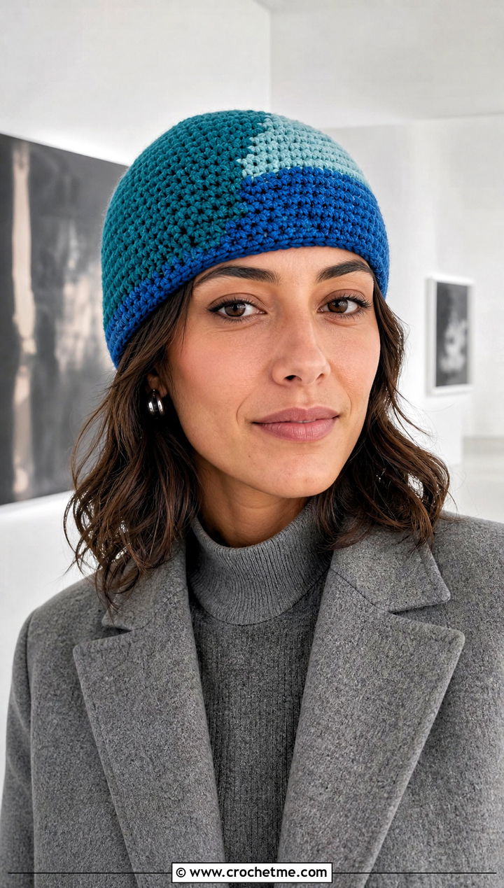 Color Block Crochet Stocking Cap With Monochrome Outfit - 30 crochet stocking cap outfit ideas
