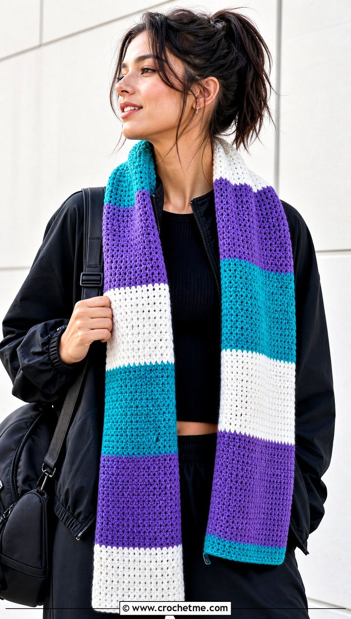 Color Block Crochet Striped Scarf With Track Jacket - 25 crochet striped scarf outfit ideas