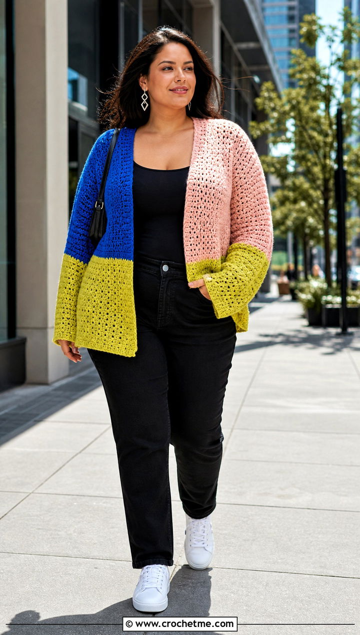 Color Block Crochet Summer Cardigan With Black Jeans - 30 plus size crochet summer cardigan outfit ideas