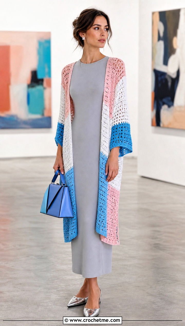 Color Block Crochet Summer Kimono With Column Dress - 30 crochet summer kimono outfit ideas