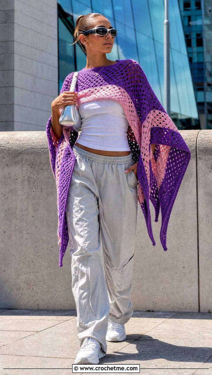 Color Block Crochet Summer Poncho With Parachute Pants - 35 crochet summer poncho outfit ideas