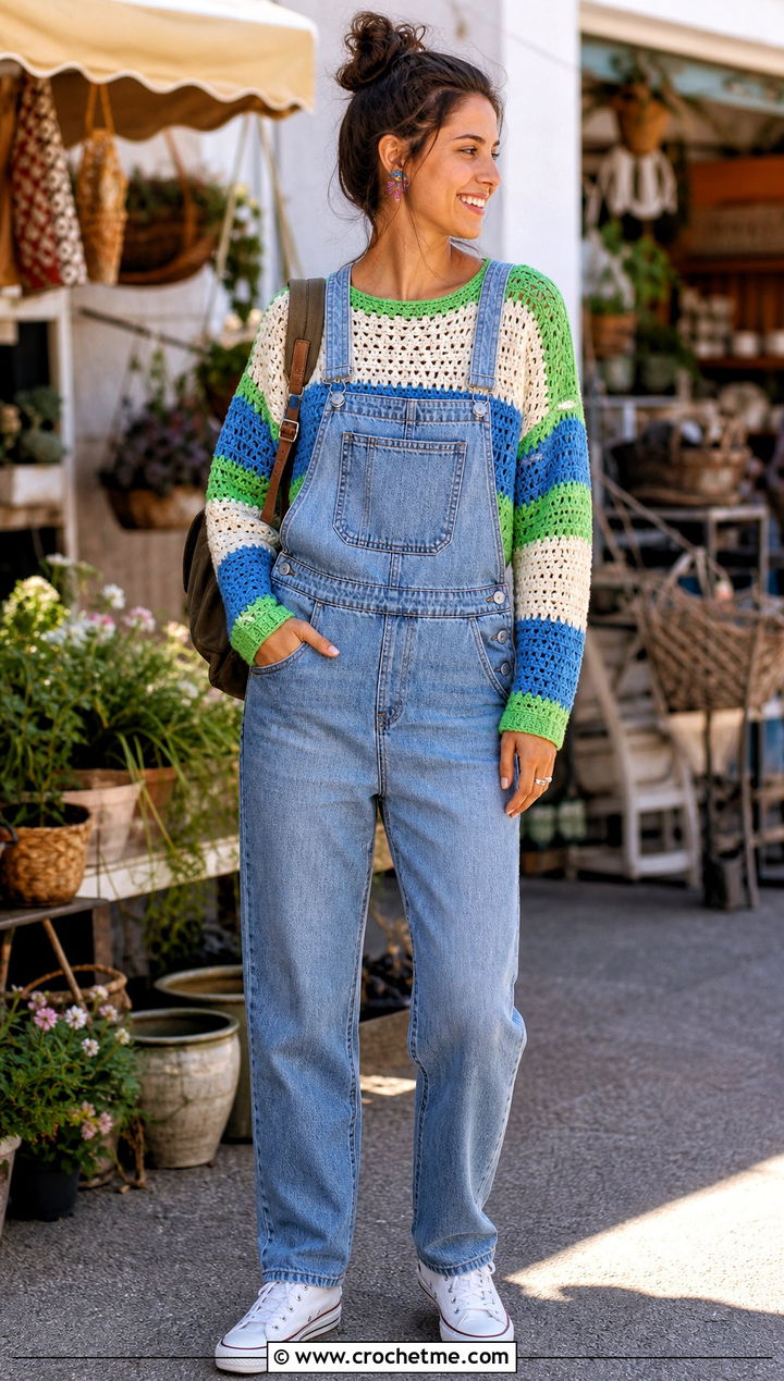 Color Block Crochet Summer Pullover With Denim Overalls - 25 crochet summer pullover outfit ideas