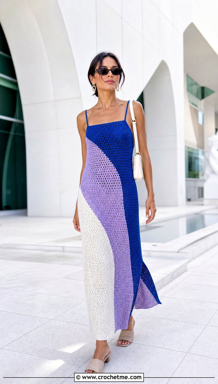 Color Block Crochet Sun Dress With Neutral Mules - 35 crochet sun dress outfit ideas