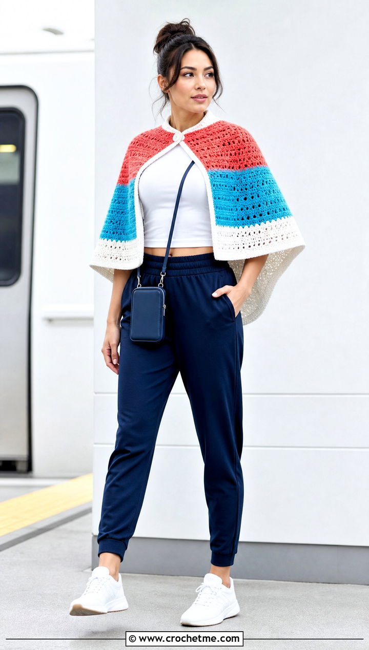 Color Block Crochet Super Hero Cape With Track Pants - 25 Crochet Super Hero Cape outfit ideas