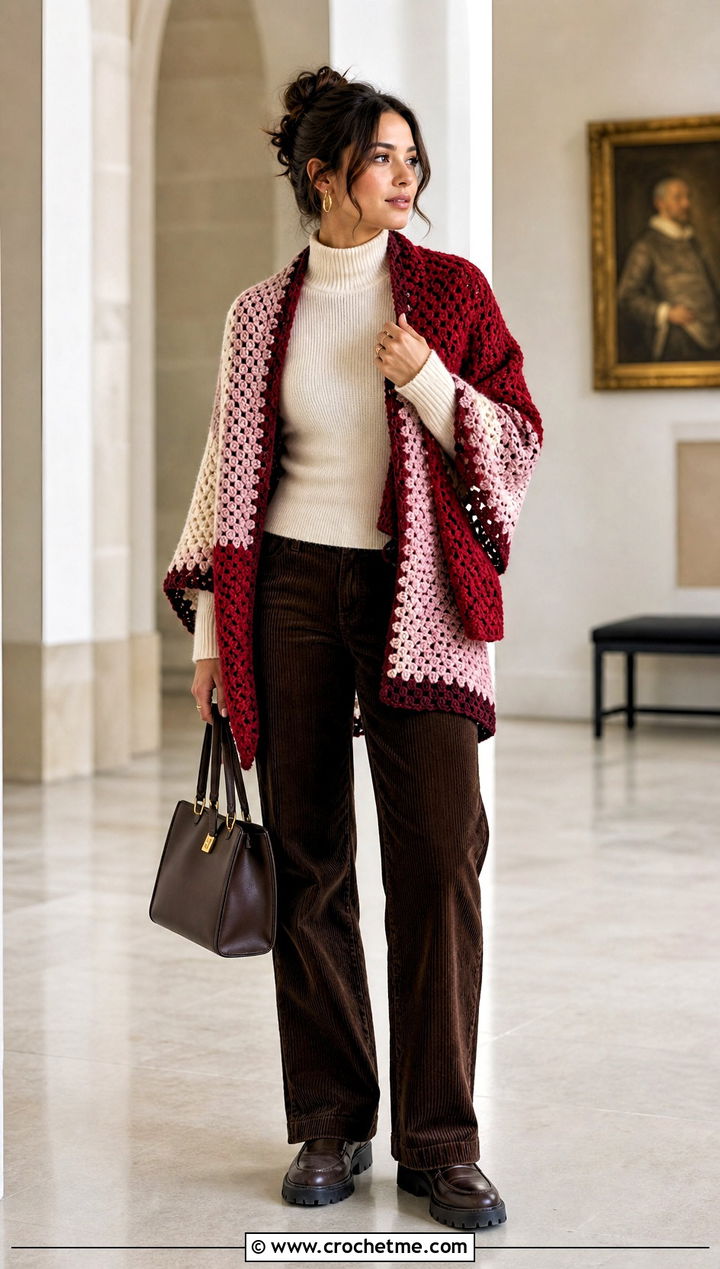 Color Block Crochet Sweater Blanket With Corduroy Pants - 25 crochet sweater blanket outfit ideas